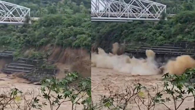 पठानकोट में चक्की खड्ड पर बने रेलवे ब्रिज से गुजरती ट्रेन और नीचे से होता भूमि कटाव।