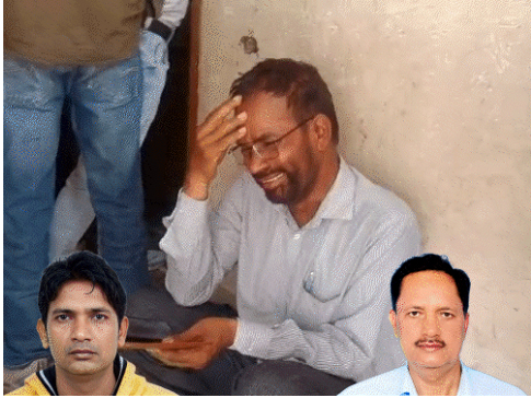 जालंधर के अवतार नगर की में डबल मर्डर के बाद परिजन रोते हुए। घर में मौजूद पुलिस जांच करती हुई। इनसेट में आरोपी हीरा लाल (बाएं) और मृतक पिता अयोध्या (दाएं) की फाइल फोटो।